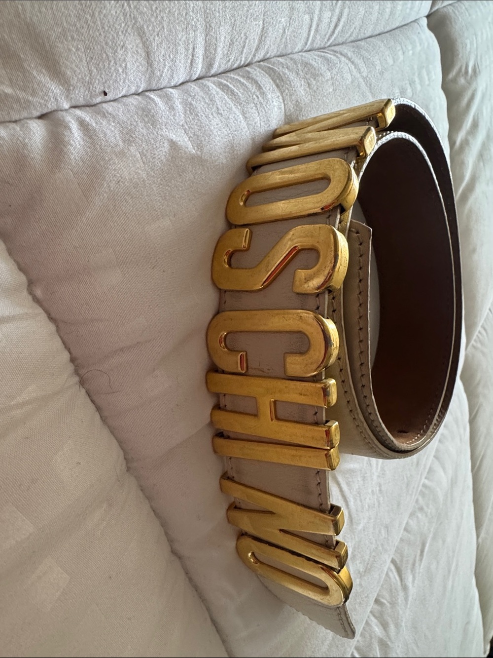 Authentic Moschino Beige Leather Belt with Large Gold Logo Letters